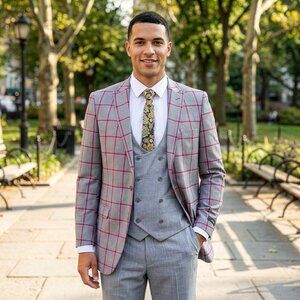 New 2026 Mens 3pc Windowpane Grey/Red Suit Set, Hybrid Fit